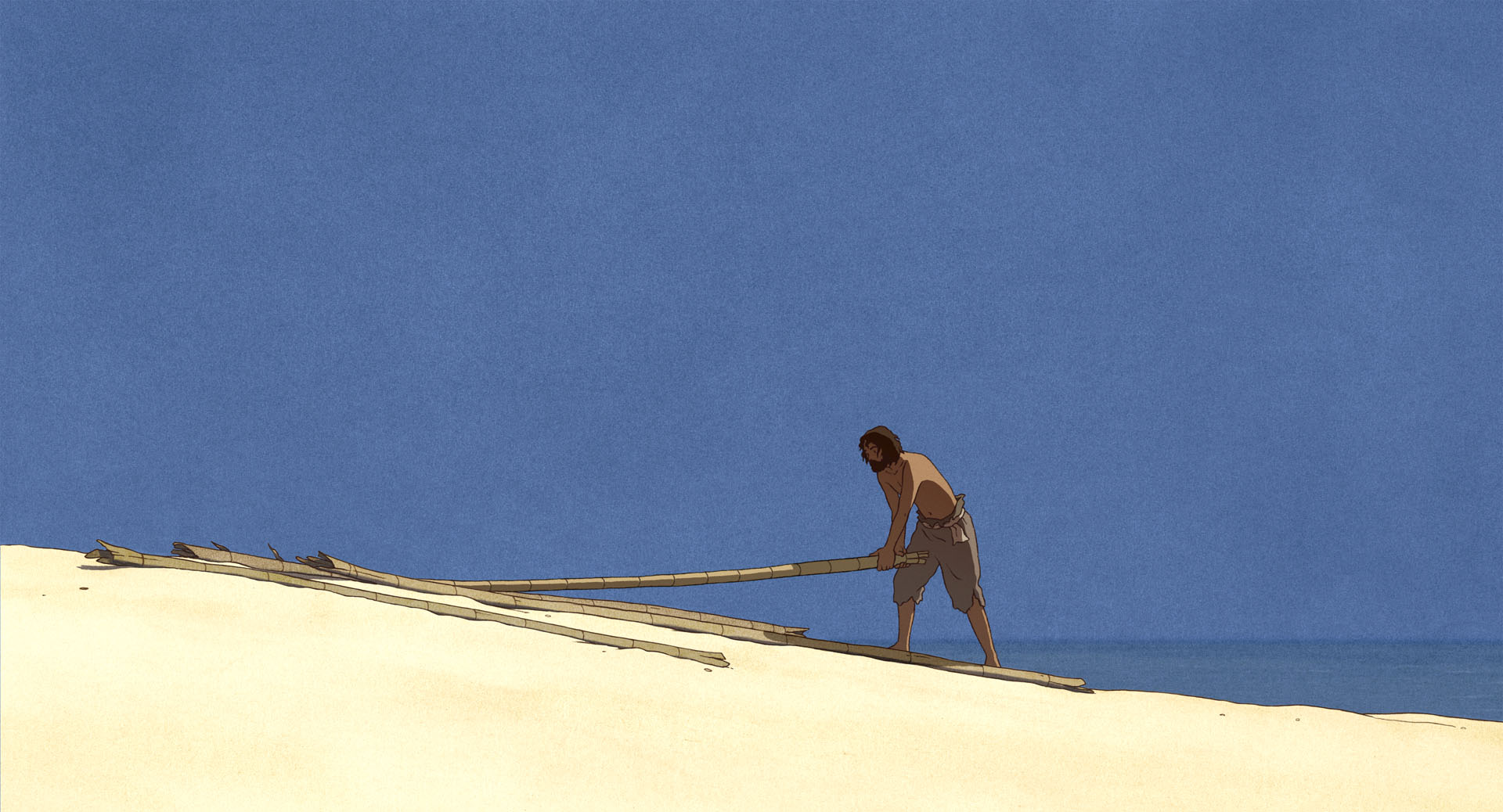A person building something with bamboo, from The Red Turtle